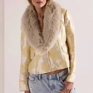 We The Free Cream & Gold Brocade Jacket with Plush Faux Fur Collar